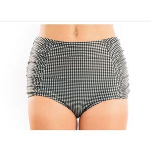 NWT Rey Swim High Waist Shirred Black White Gingham Retro Pinup Swim Bottom S